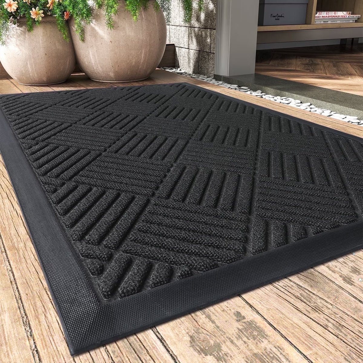 Outdoor Mat Non Slip Doormat 17"X30" Front Door Mat outside Absorbent Rubber Welcome Mat Low Profile Dirt Trapper Indoor Outdoor Doormat Thicken Crosshatch Entryway Rug Floor Mat Black