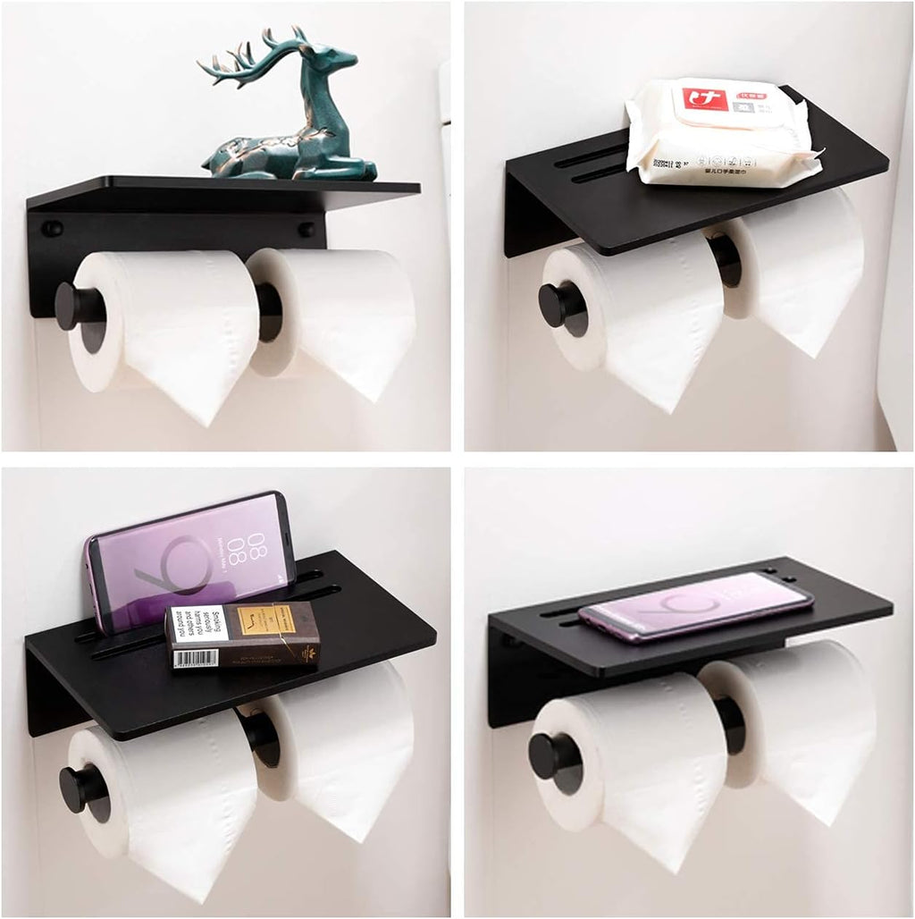 Toilet Paper Holder with Phone Shelf - Aluminum Double Roll Tissue Holder