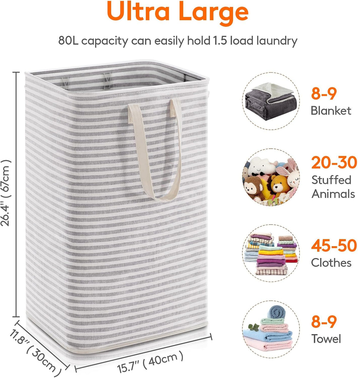 80L Large Laundry Baskets, 1 Pack, Reinforced Handles, Grey
