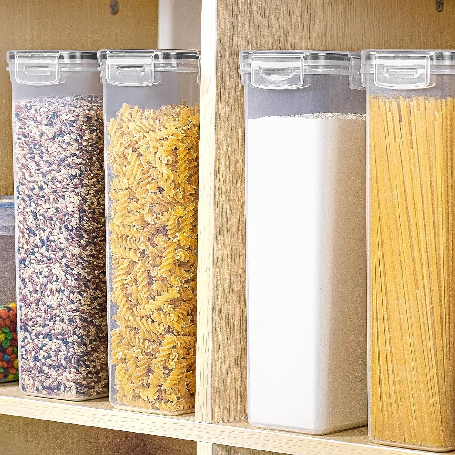 Airtight Food Storage Containers with Lids, 4 PCS 2.8L Pasta Containers for Pantry Organization and Storage, BPA Free Kitchen Canisters for Spaghetti, Flour, Sugar and Noodles, Black