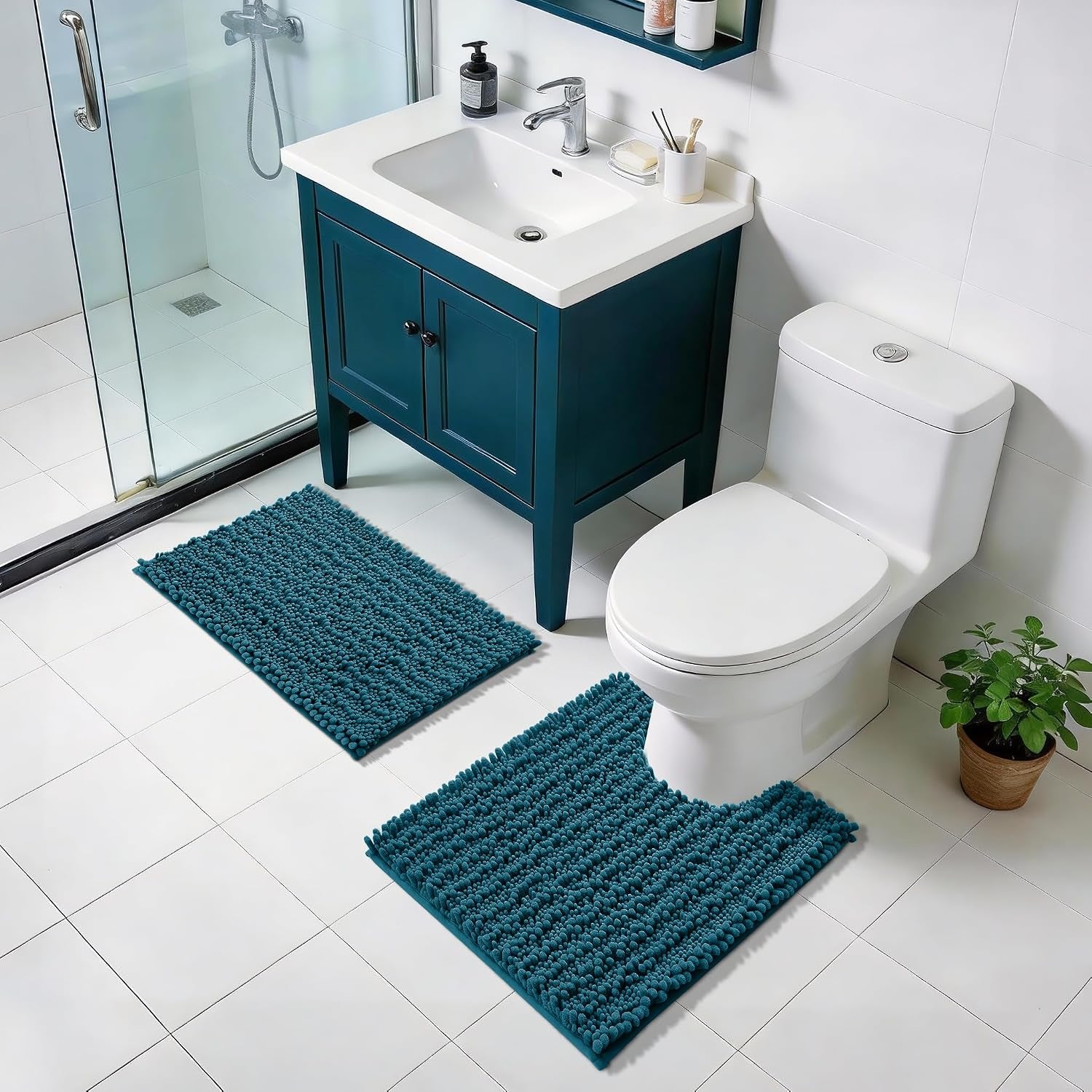 Bathroom Rugs Non Slip Washable - Ultra Soft Absorbent Chenille Bath Mat, Quick Dry Shaggy Floor Carpet for Tub Shower, Rustic Turquoise Home Decor Accessories, 24X17 Inch