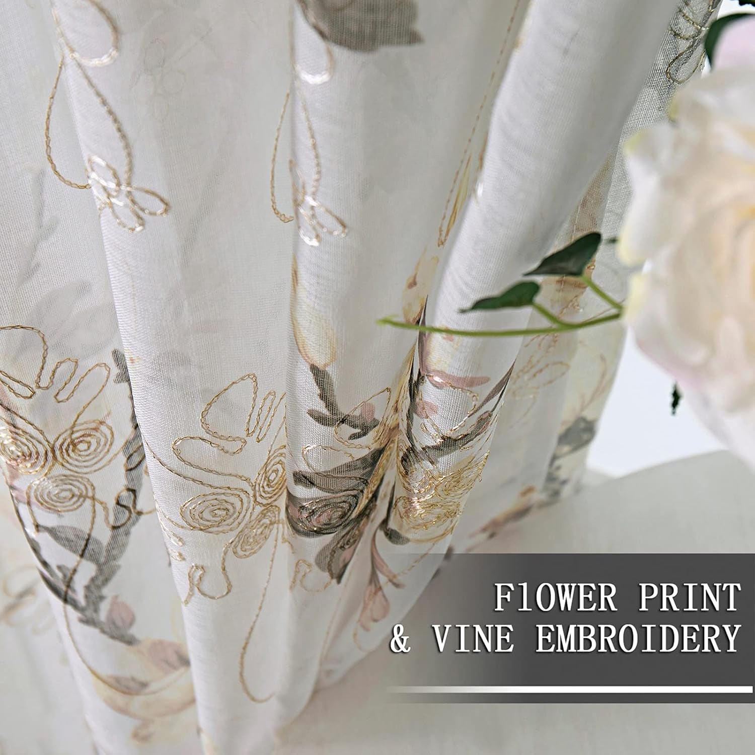 Floral White Sheer Valance Curtains Flower Print Vine Embroidery Bedroom Curtain Valances Rod Pocket Voile Window Curtains for Living Room, 54 X 16 Inches Long, Set of 1 Panel