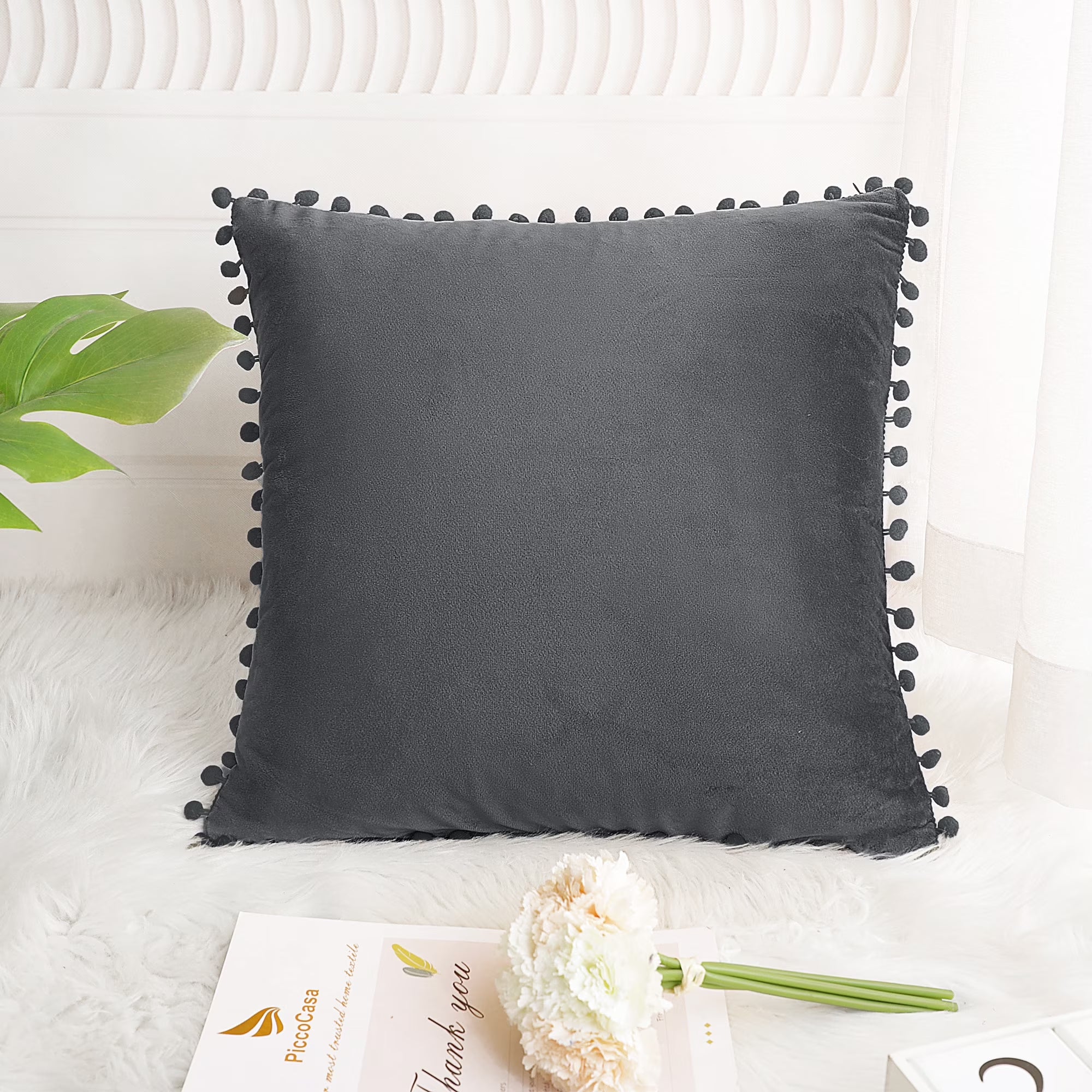 Velvet Pillow Cover with Pompoms for Sofa 1PCS Dark Gray 20X20Inch
