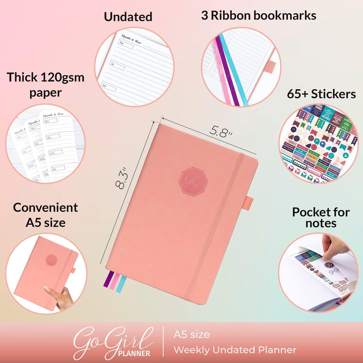 Planner for Women, Undated Weekly Agenda Journal, Peach Pink