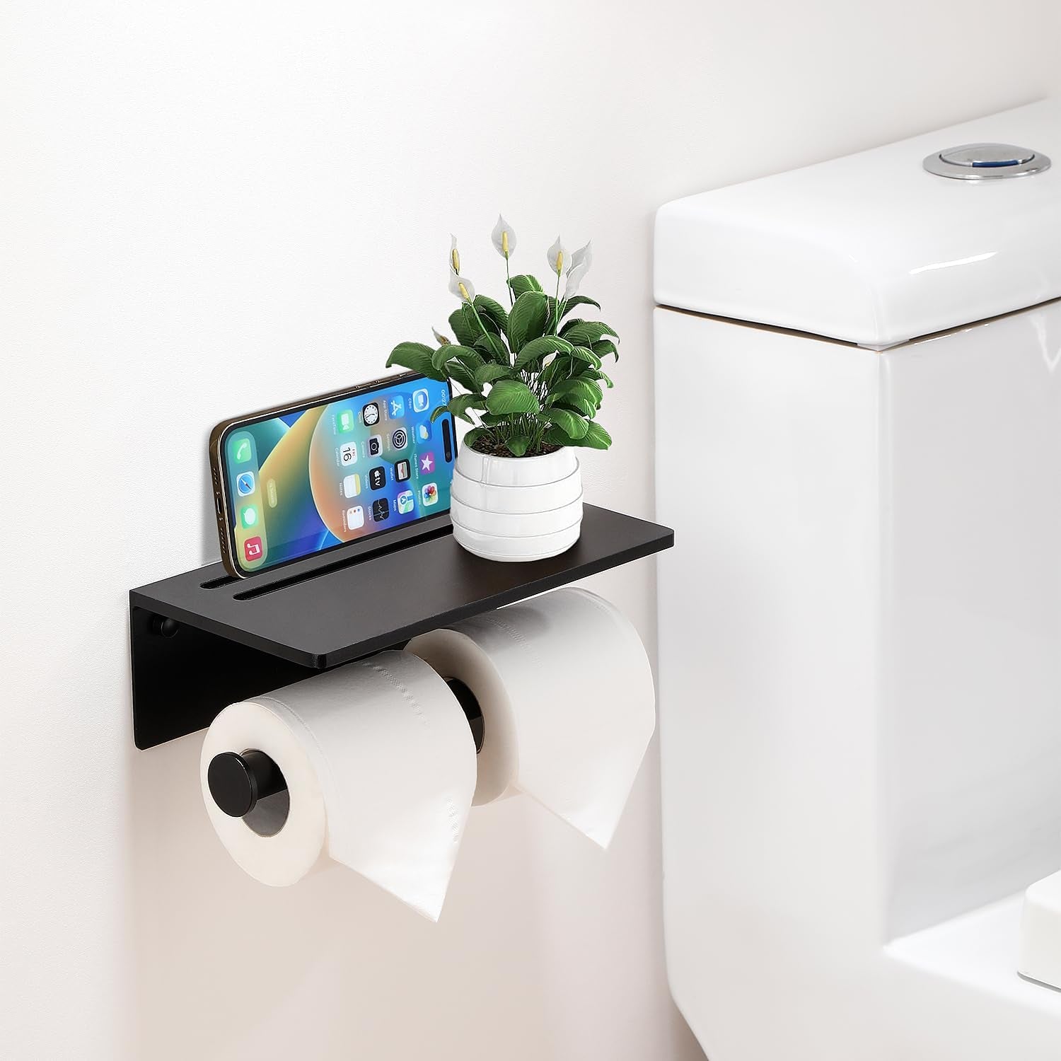 Toilet Paper Holder with Phone Shelf - Aluminum Double Roll Tissue Holder