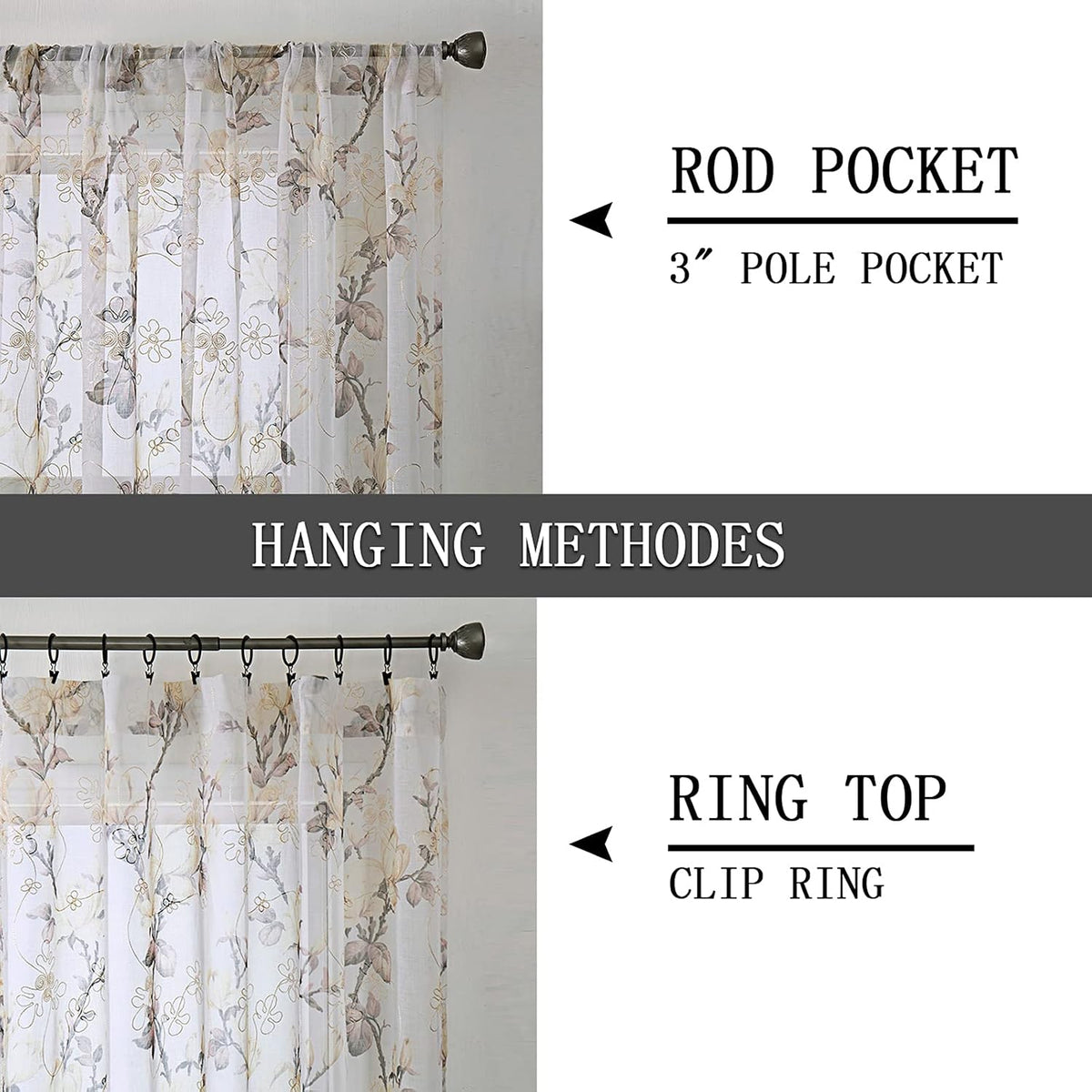 Floral White Sheer Valance Curtains Flower Print Vine Embroidery Bedroom Curtain Valances Rod Pocket Voile Window Curtains for Living Room, 54 X 16 Inches Long, Set of 1 Panel