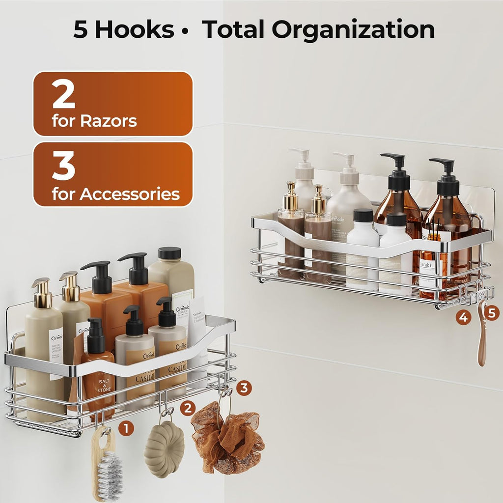 Shower Caddy Basket Soap Dish Holder Shelf with 5 Hooks Bathroom Organizer Shelf Kitchen Storage Rack Wall Mounted Adhesive No Drilling Rustproof SUS304 Stainless Steel - 3 Pack
