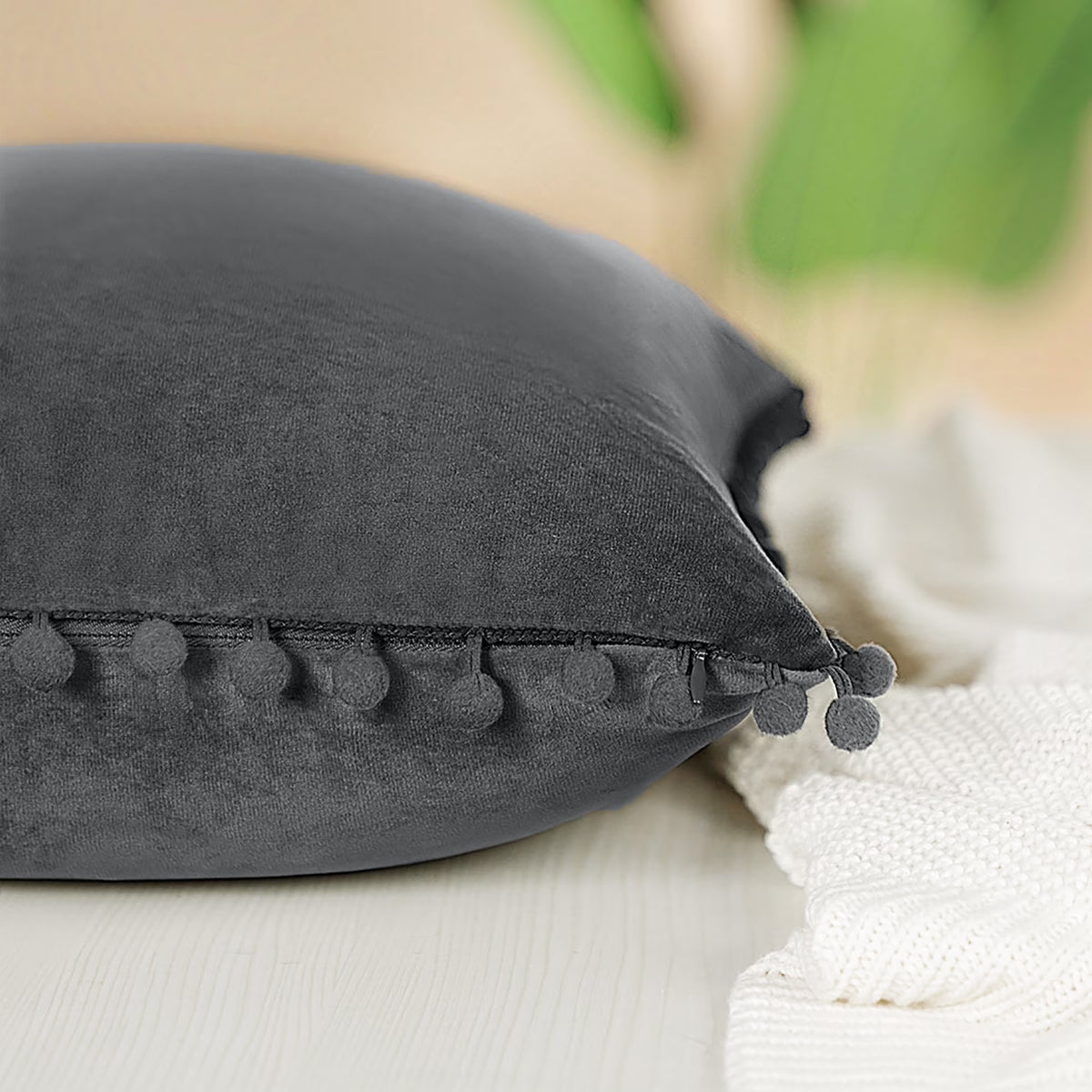 Velvet Pillow Cover with Pompoms for Sofa 1PCS Dark Gray 20X20Inch