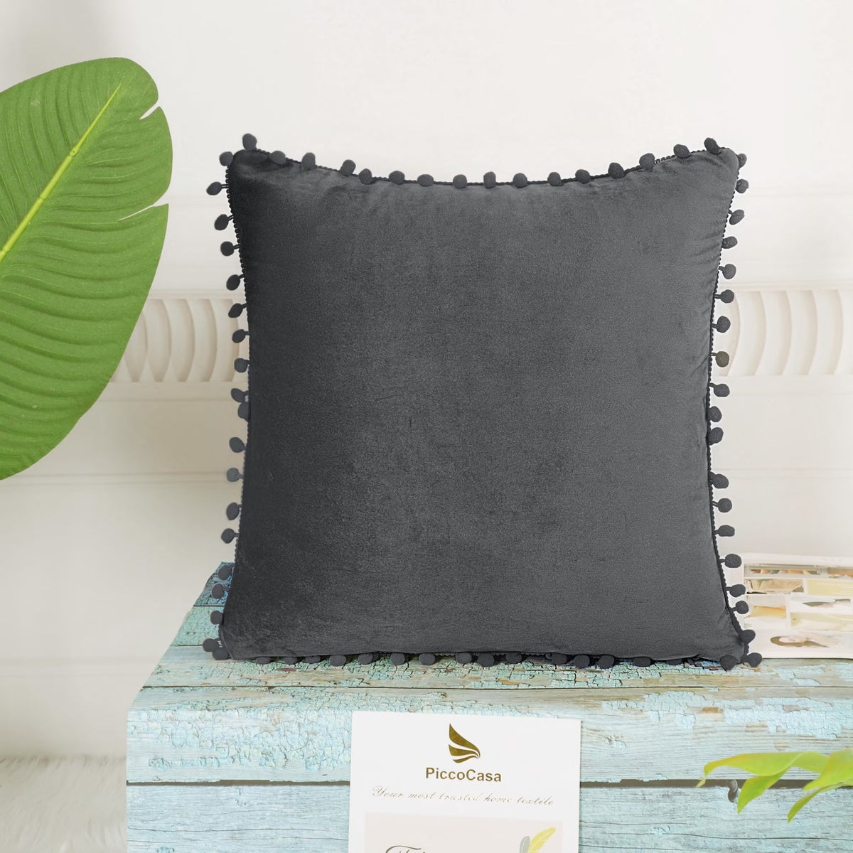 Velvet Pillow Cover with Pompoms for Sofa 1PCS Dark Gray 20X20Inch