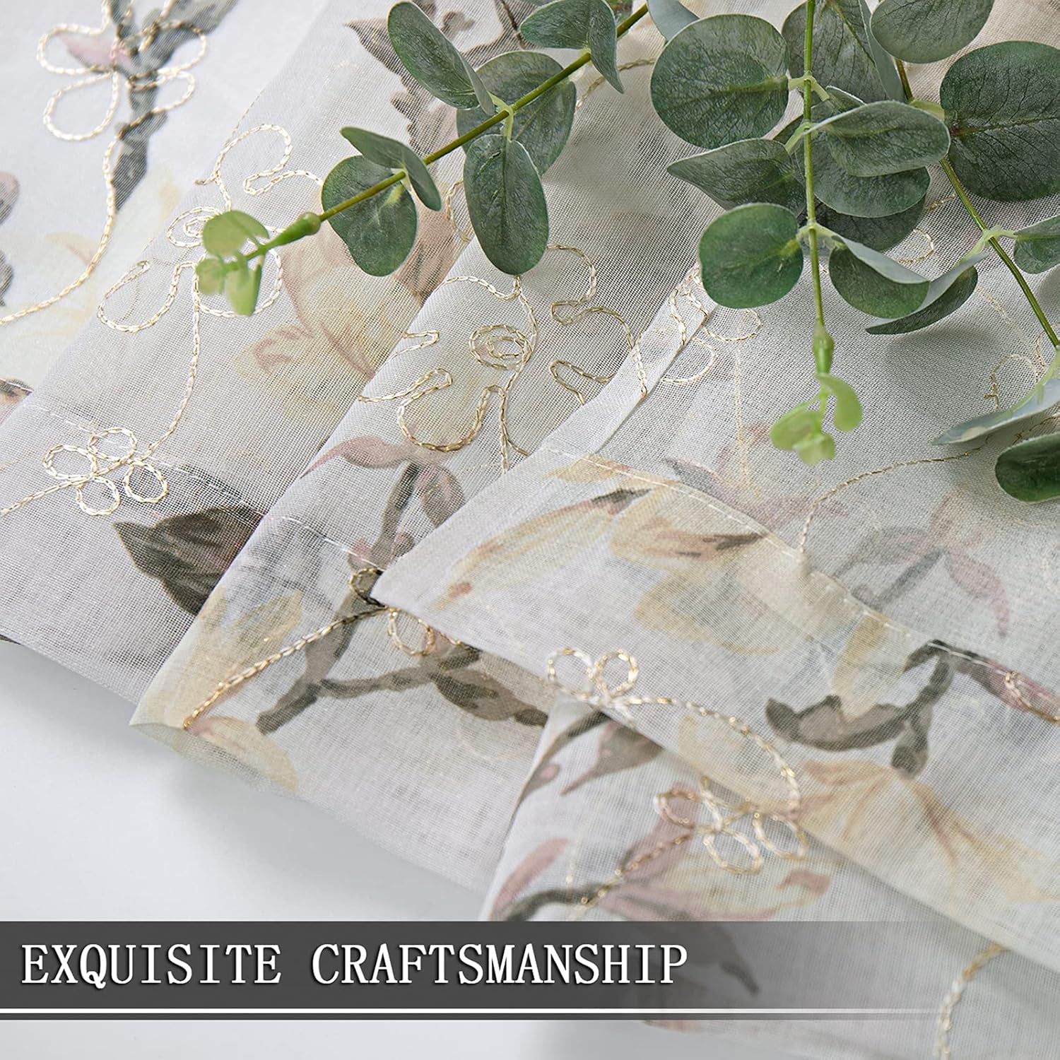 Floral White Sheer Valance Curtains Flower Print Vine Embroidery Bedroom Curtain Valances Rod Pocket Voile Window Curtains for Living Room, 54 X 16 Inches Long, Set of 1 Panel