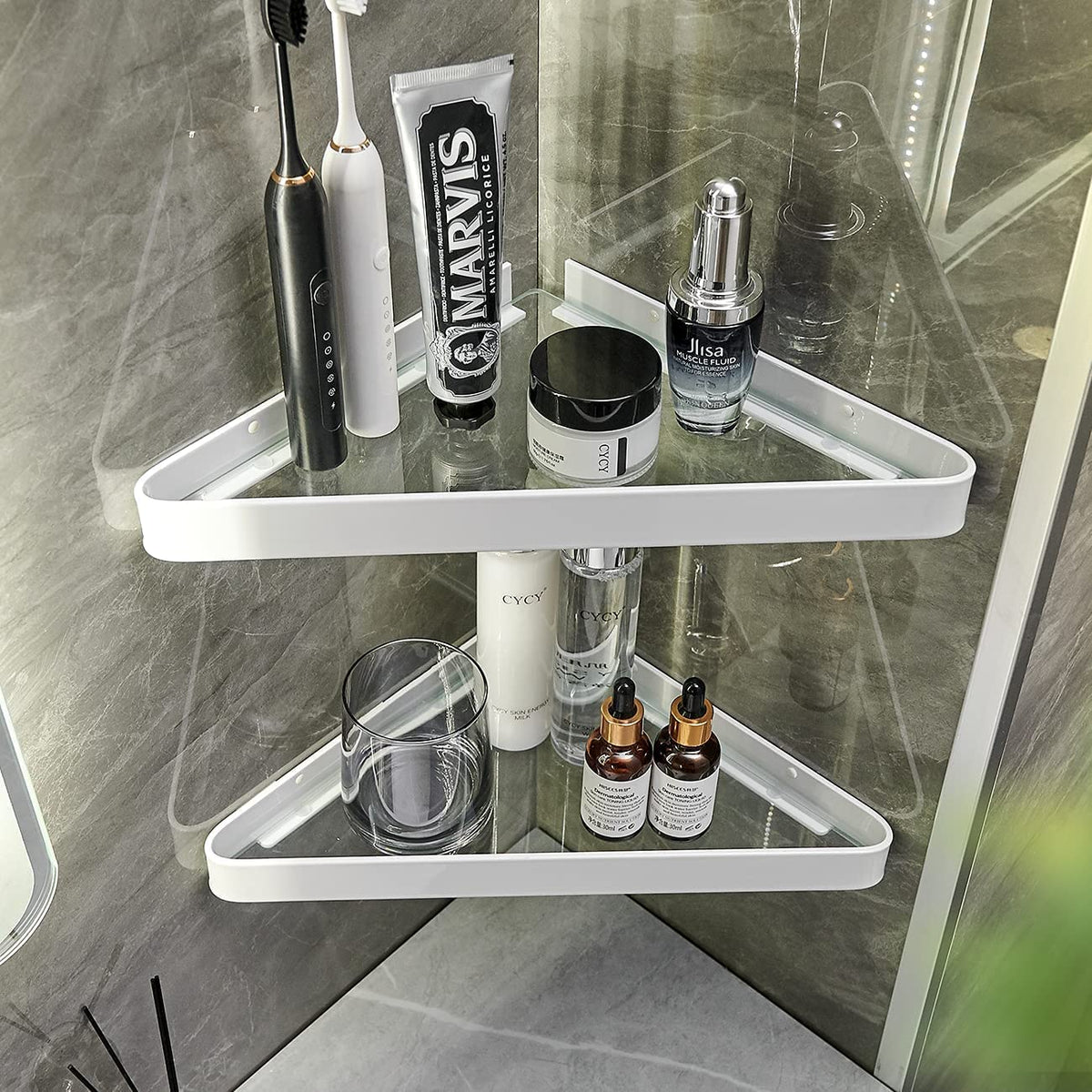 Bathroom Shelves Wall Mounted Glass Corner Shelf for Bathroom Floating Shelf Tempered Glass Wall Organizer 2-Tier(White)