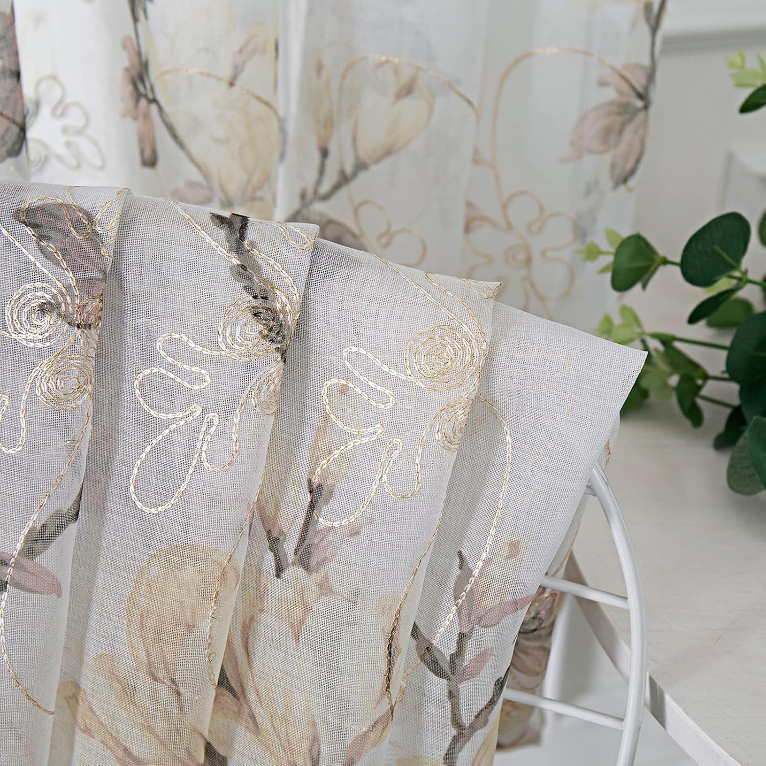 Floral White Sheer Valance Curtains Flower Print Vine Embroidery Bedroom Curtain Valances Rod Pocket Voile Window Curtains for Living Room, 54 X 16 Inches Long, Set of 1 Panel