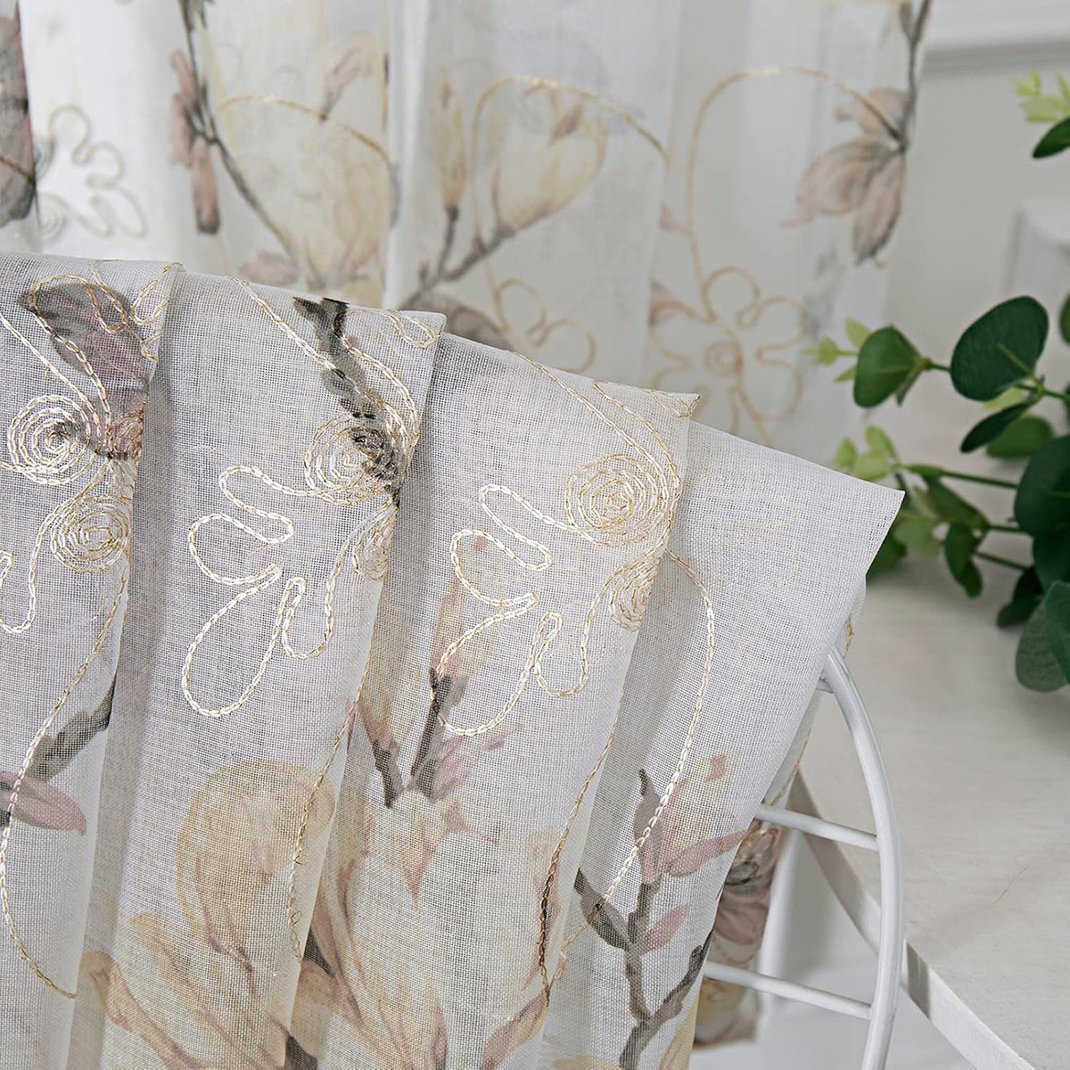Floral White Sheer Valance Curtains Flower Print Vine Embroidery Bedroom Curtain Valances Rod Pocket Voile Window Curtains for Living Room, 54 X 16 Inches Long, Set of 1 Panel