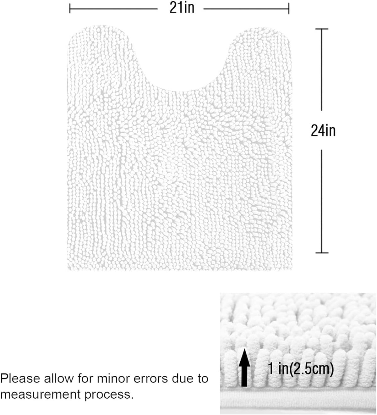 Standard 24"X21" U-Shaped Non-Slip Shaggy Chenille Toilet Contour Bathroom Rug with Water Absorbent, White
