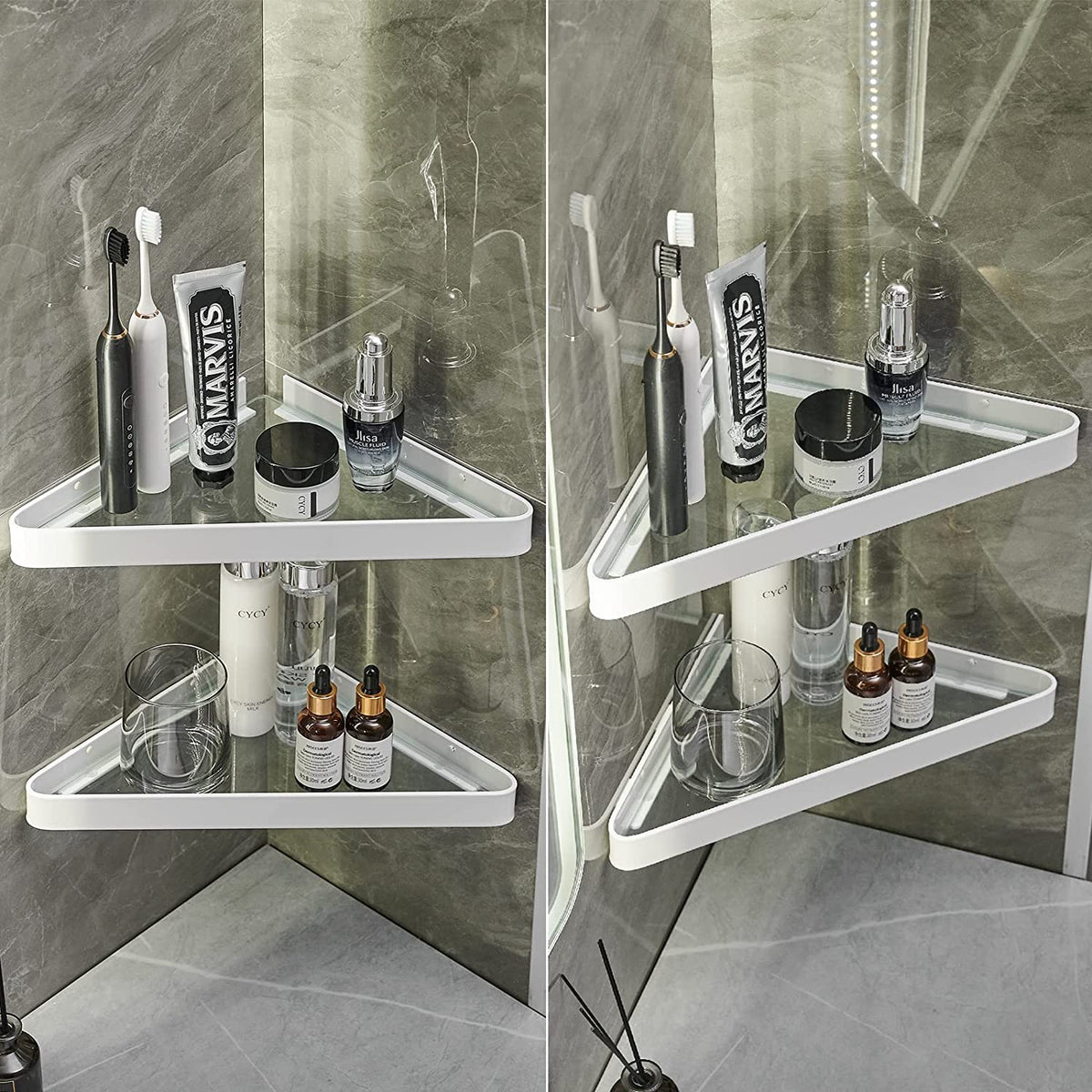 Bathroom Shelves Wall Mounted Glass Corner Shelf for Bathroom Floating Shelf Tempered Glass Wall Organizer 2-Tier(White)