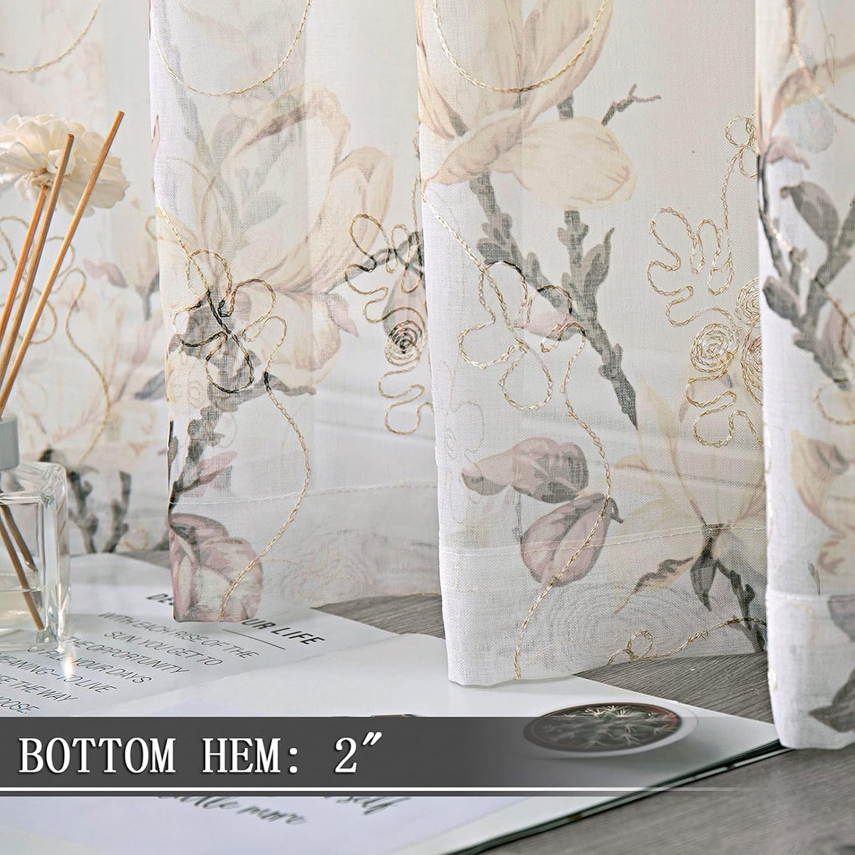 Floral White Sheer Valance Curtains Flower Print Vine Embroidery Bedroom Curtain Valances Rod Pocket Voile Window Curtains for Living Room, 54 X 16 Inches Long, Set of 1 Panel