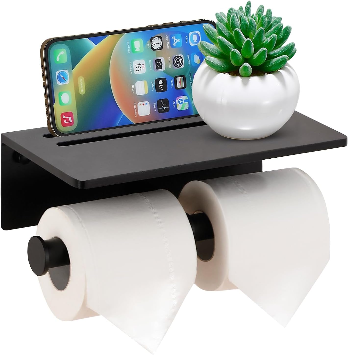 Toilet Paper Holder with Phone Shelf - Aluminum Double Roll Tissue Holder