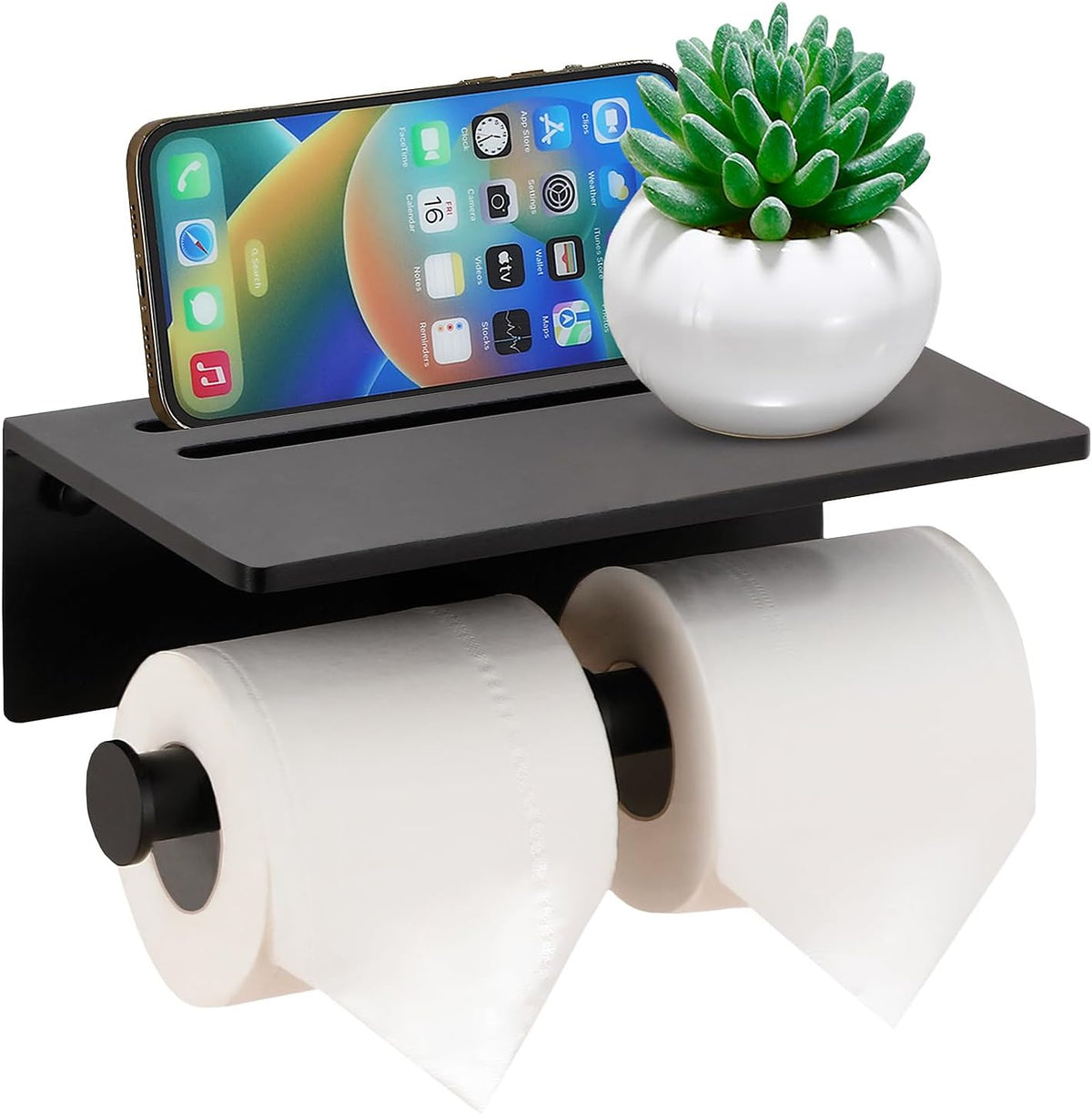 Toilet Paper Holder with Phone Shelf - Aluminum Double Roll Tissue Holder