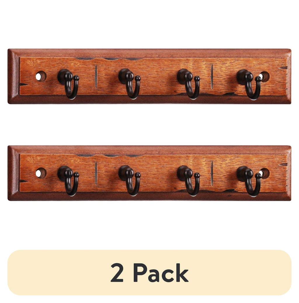 (2 Pack)  Antique Walnut Key Rail with 4 Satin Nickel Hooks, 8.75 In, 2 Lb Capacity, 1 Pack