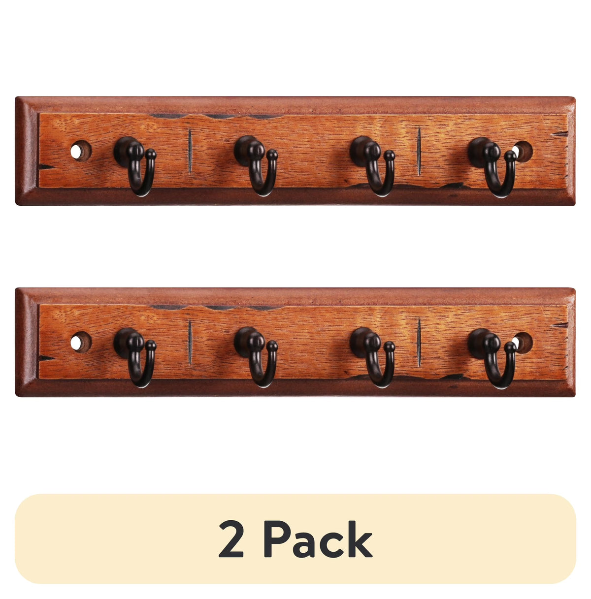 (2 Pack)  Antique Walnut Key Rail with 4 Satin Nickel Hooks, 8.75 In, 2 Lb Capacity, 1 Pack