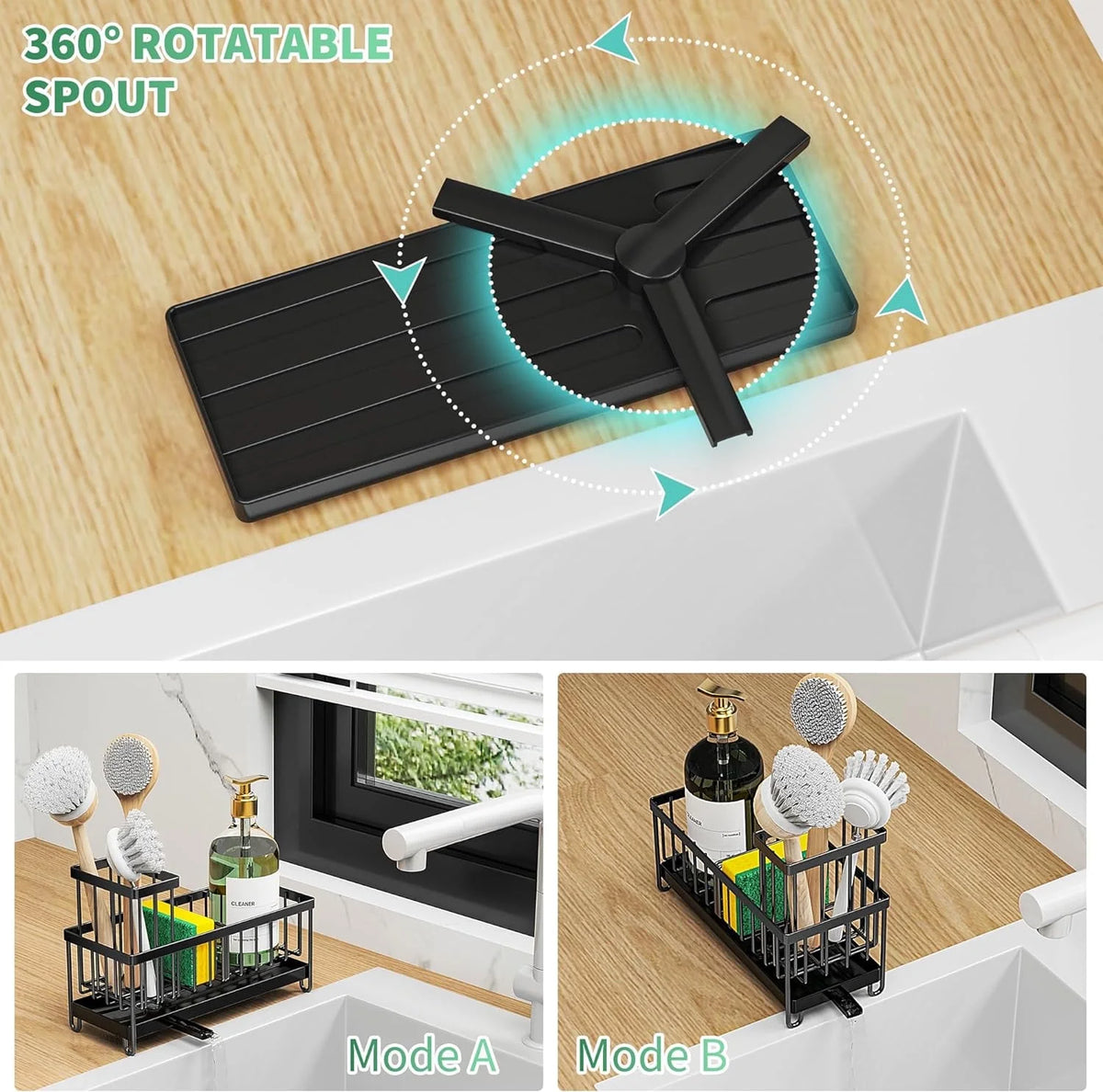Black Sponge Holder for Kitchen Sink, Sink Caddy Organizer with High Brush Holder, Kitchen Countertop Organizers and Storage Essentials, Rustproof 304 Stainless Steel, Soap Dispenser Organize
