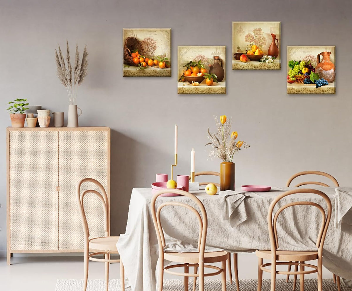 Kitchen Wall Decor 4-Piece Vintage Fruit Still Life Canvas Art 12X12 Inch
