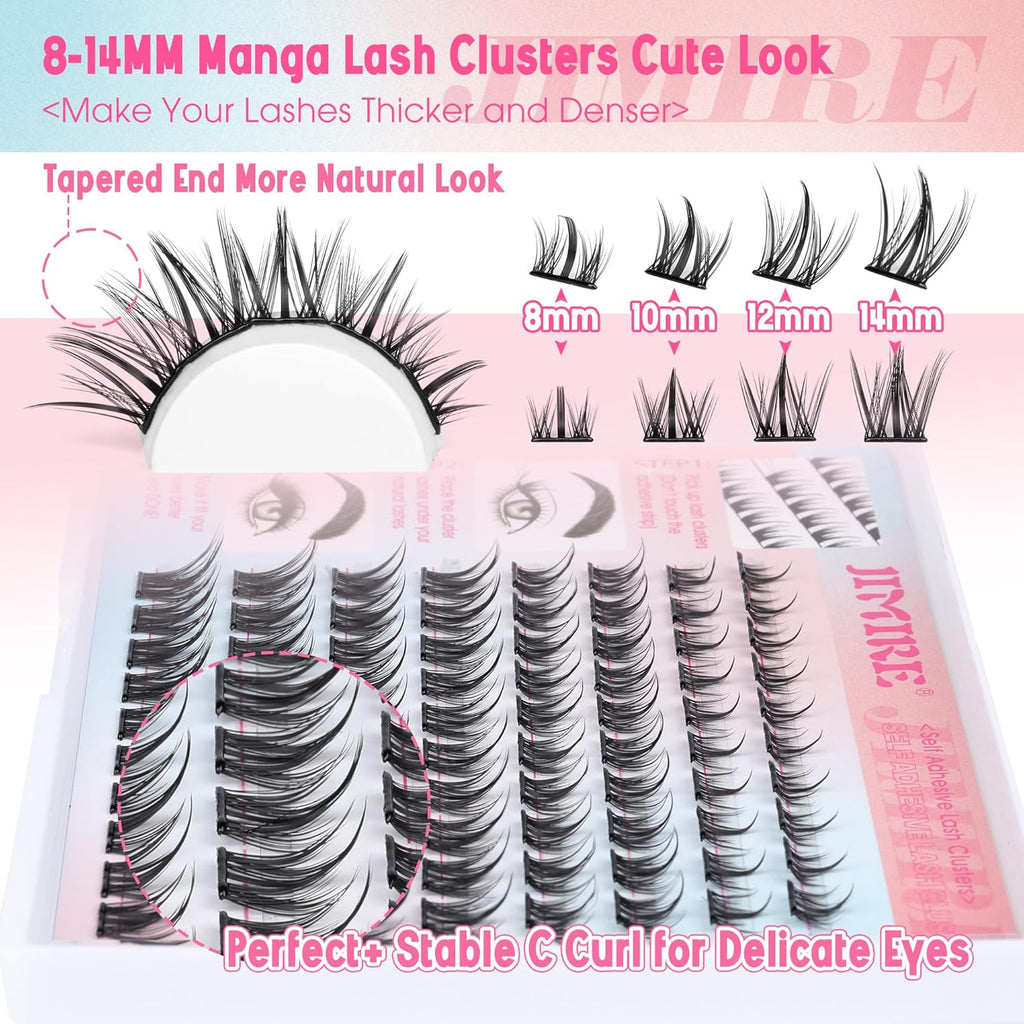Manga Self Adhesive Eyelashes Natural Look 8-14MM Wispy Pre Glued Eyelashes Clusters Anime Lashes Clusters Wispy Reusable Self Adhesive Lash Clusters with Spiky by