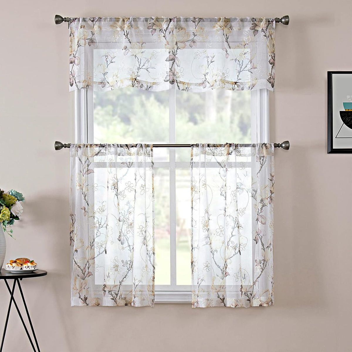 Floral White Sheer Valance Curtains Flower Print Vine Embroidery Bedroom Curtain Valances Rod Pocket Voile Window Curtains for Living Room, 54 X 16 Inches Long, Set of 1 Panel