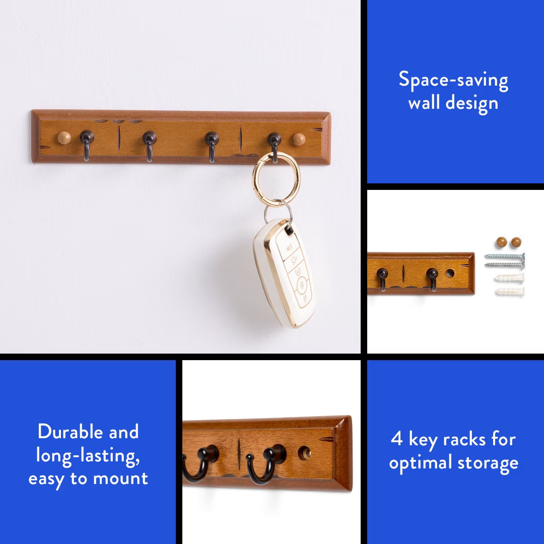 (2 Pack)  Antique Walnut Key Rail with 4 Satin Nickel Hooks, 8.75 In, 2 Lb Capacity, 1 Pack