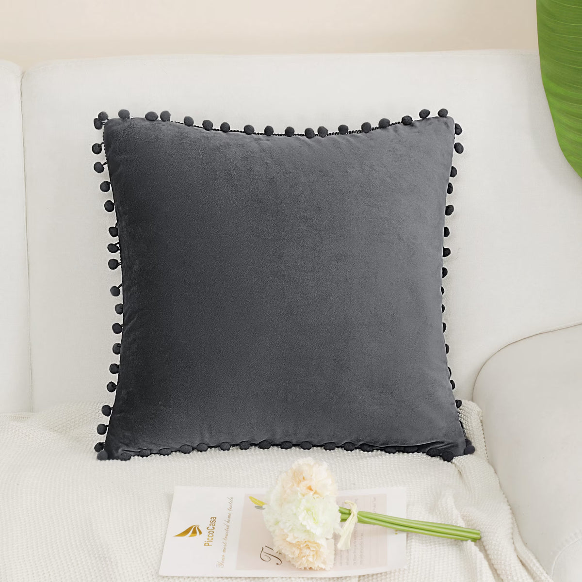 Velvet Pillow Cover with Pompoms for Sofa 1PCS Dark Gray 20X20Inch