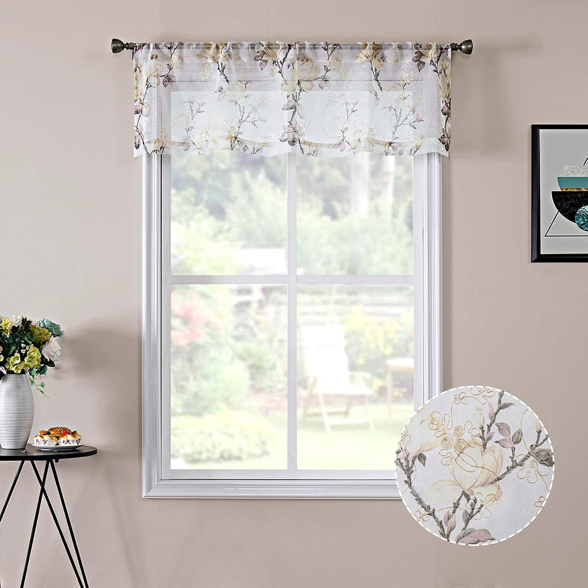 Floral White Sheer Valance Curtains Flower Print Vine Embroidery Bedroom Curtain Valances Rod Pocket Voile Window Curtains for Living Room, 54 X 16 Inches Long, Set of 1 Panel