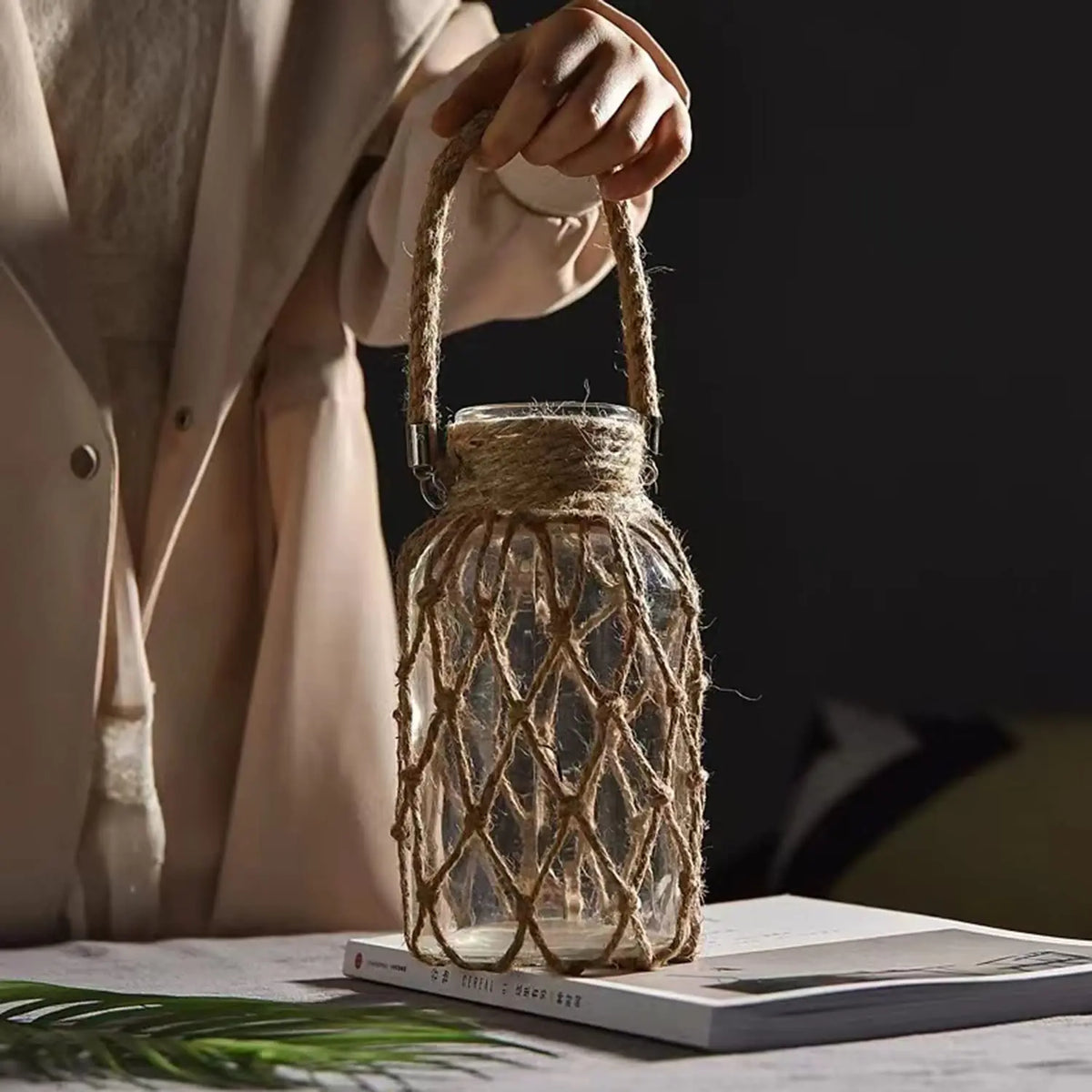 Rustic Hanging Glass Vase with Hemp Rope Net 