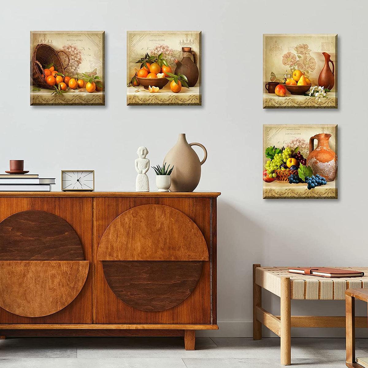 Kitchen Wall Decor 4-Piece Vintage Fruit Still Life Canvas Art 12X12 Inch