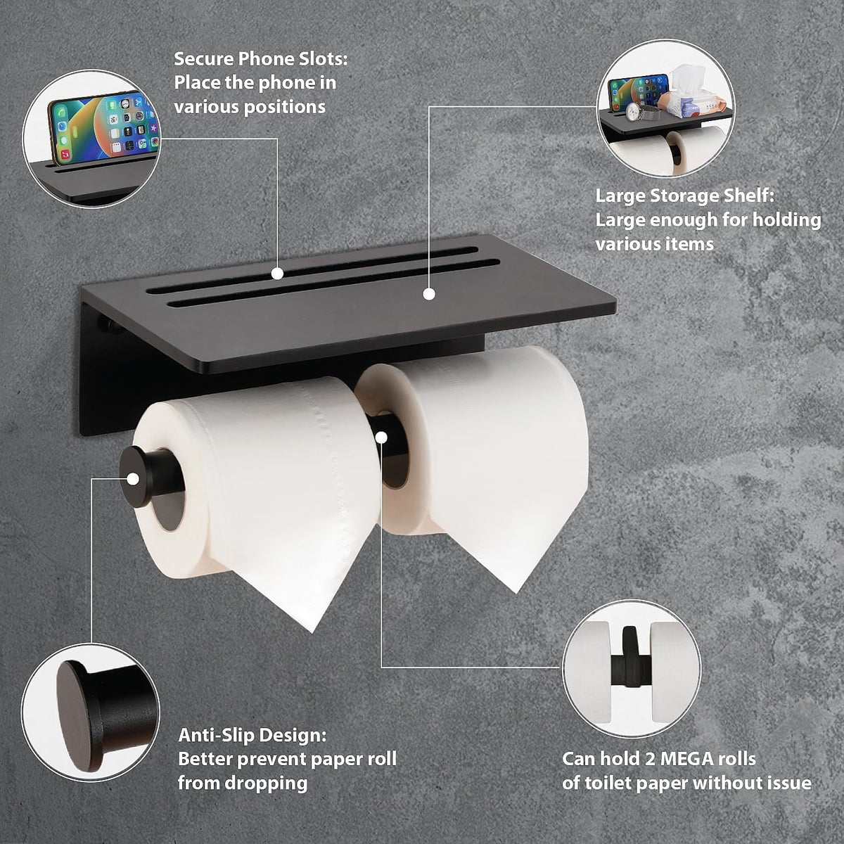Toilet Paper Holder with Phone Shelf - Aluminum Double Roll Tissue Holder