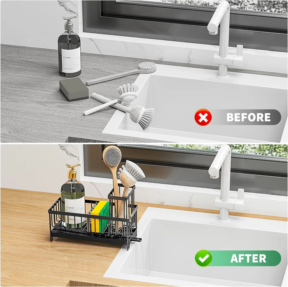 Black Sponge Holder for Kitchen Sink, Sink Caddy Organizer with High Brush Holder, Kitchen Countertop Organizers and Storage Essentials, Rustproof 304 Stainless Steel, Soap Dispenser Organize