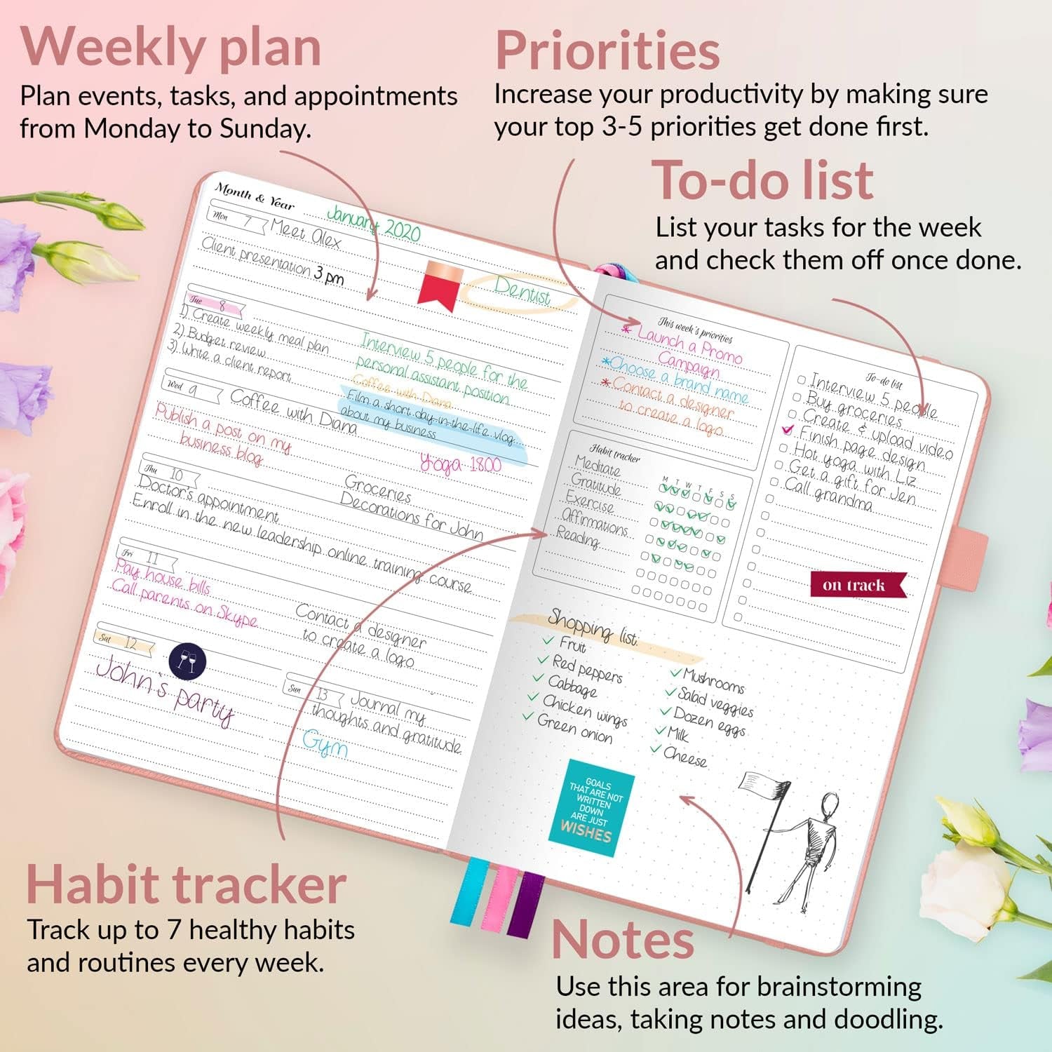 Planner for Women, Undated Weekly Agenda Journal, Peach Pink