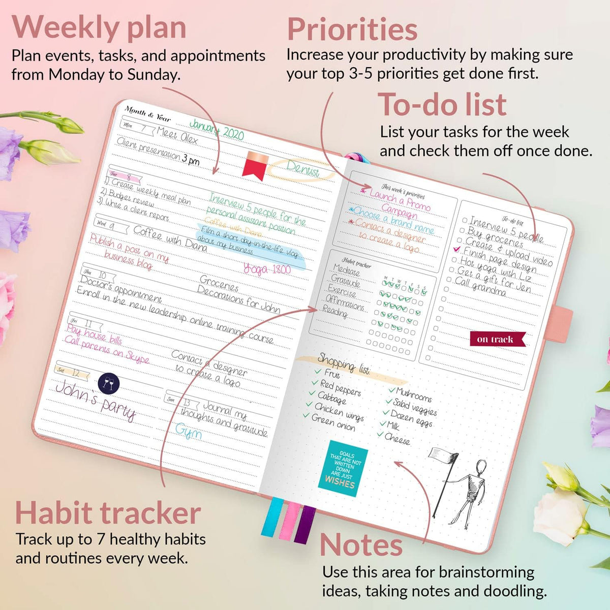 Planner for Women, Undated Weekly Agenda Journal, Peach Pink