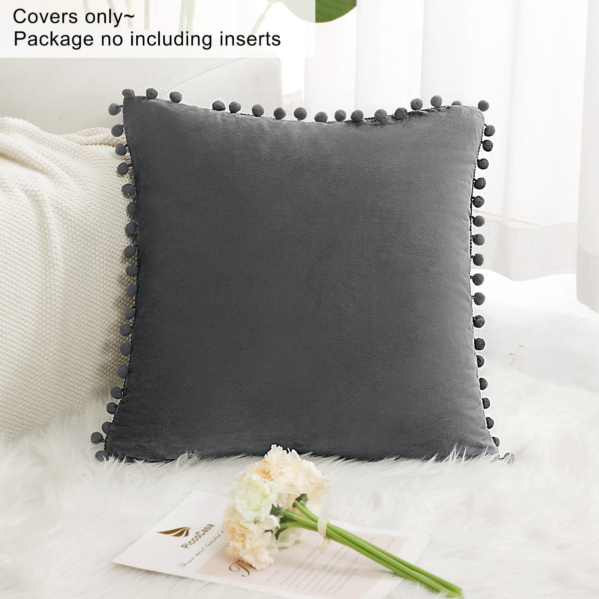 Velvet Pillow Cover with Pompoms for Sofa 1PCS Dark Gray 20X20Inch