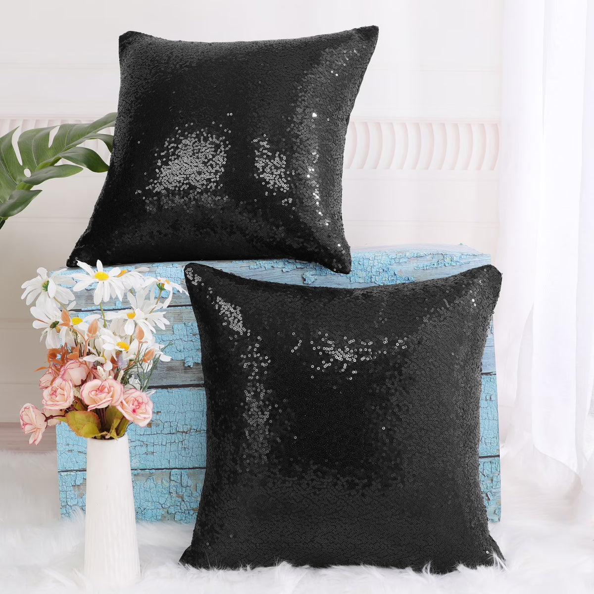 2 Pack Sequins Decorative Throw Pillow Covers 16" X16" Black
