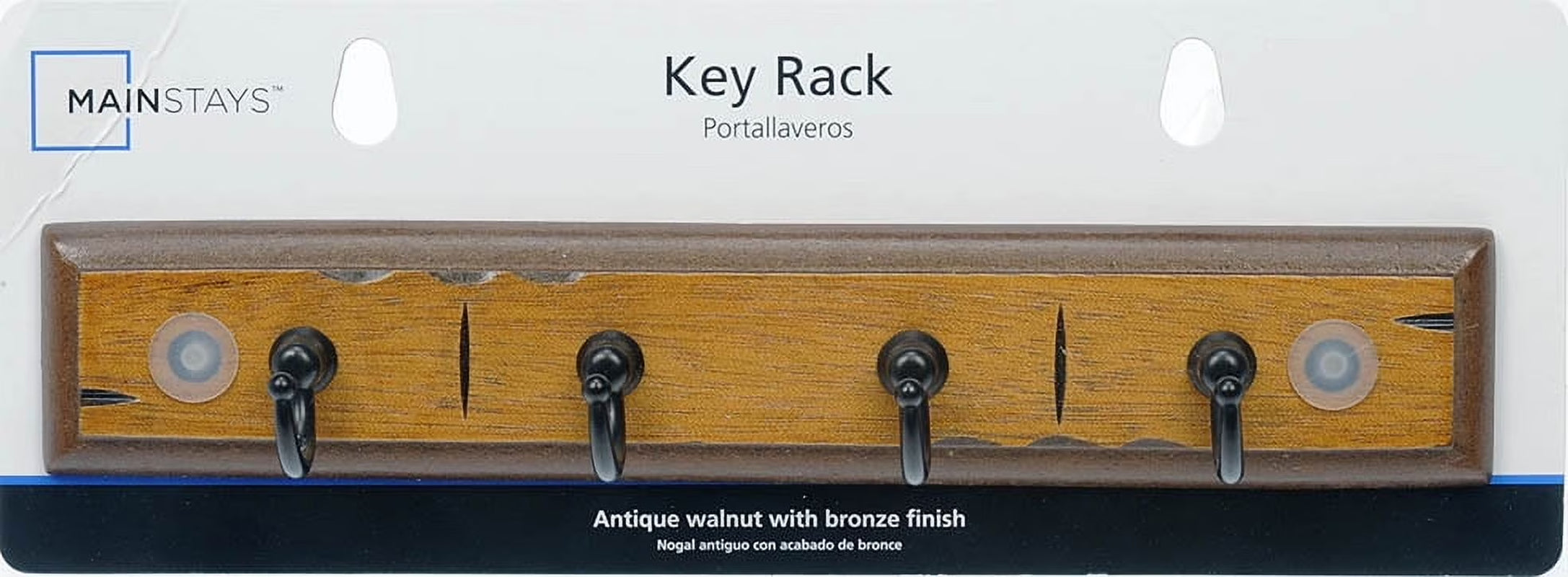 (2 Pack)  Antique Walnut Key Rail with 4 Satin Nickel Hooks, 8.75 In, 2 Lb Capacity, 1 Pack