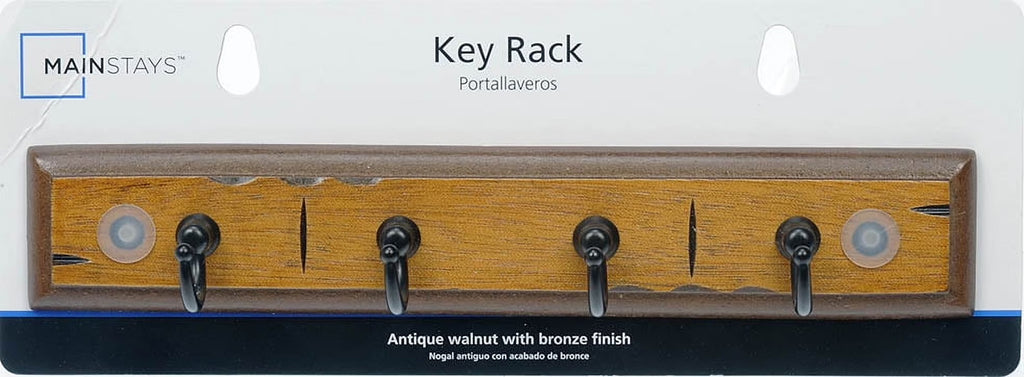(2 Pack)  Antique Walnut Key Rail with 4 Satin Nickel Hooks, 8.75 In, 2 Lb Capacity, 1 Pack