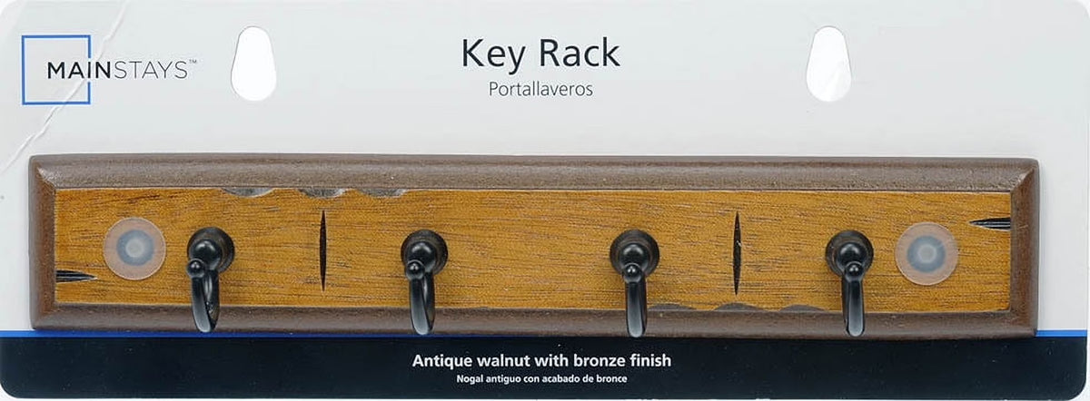 (2 Pack)  Antique Walnut Key Rail with 4 Satin Nickel Hooks, 8.75 In, 2 Lb Capacity, 1 Pack
